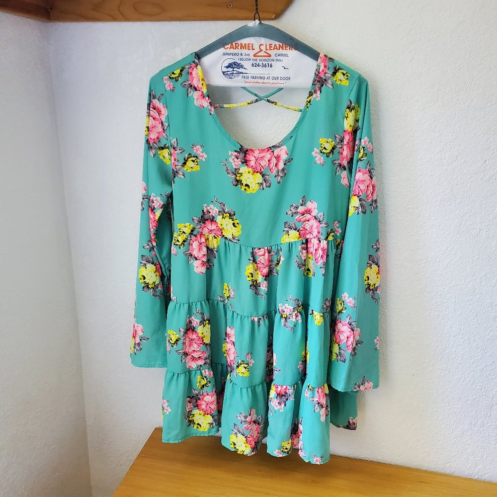 My Story Bo Ho Summer Beach Floral Open Back High Waist Mini Dress or Top MEDIUM